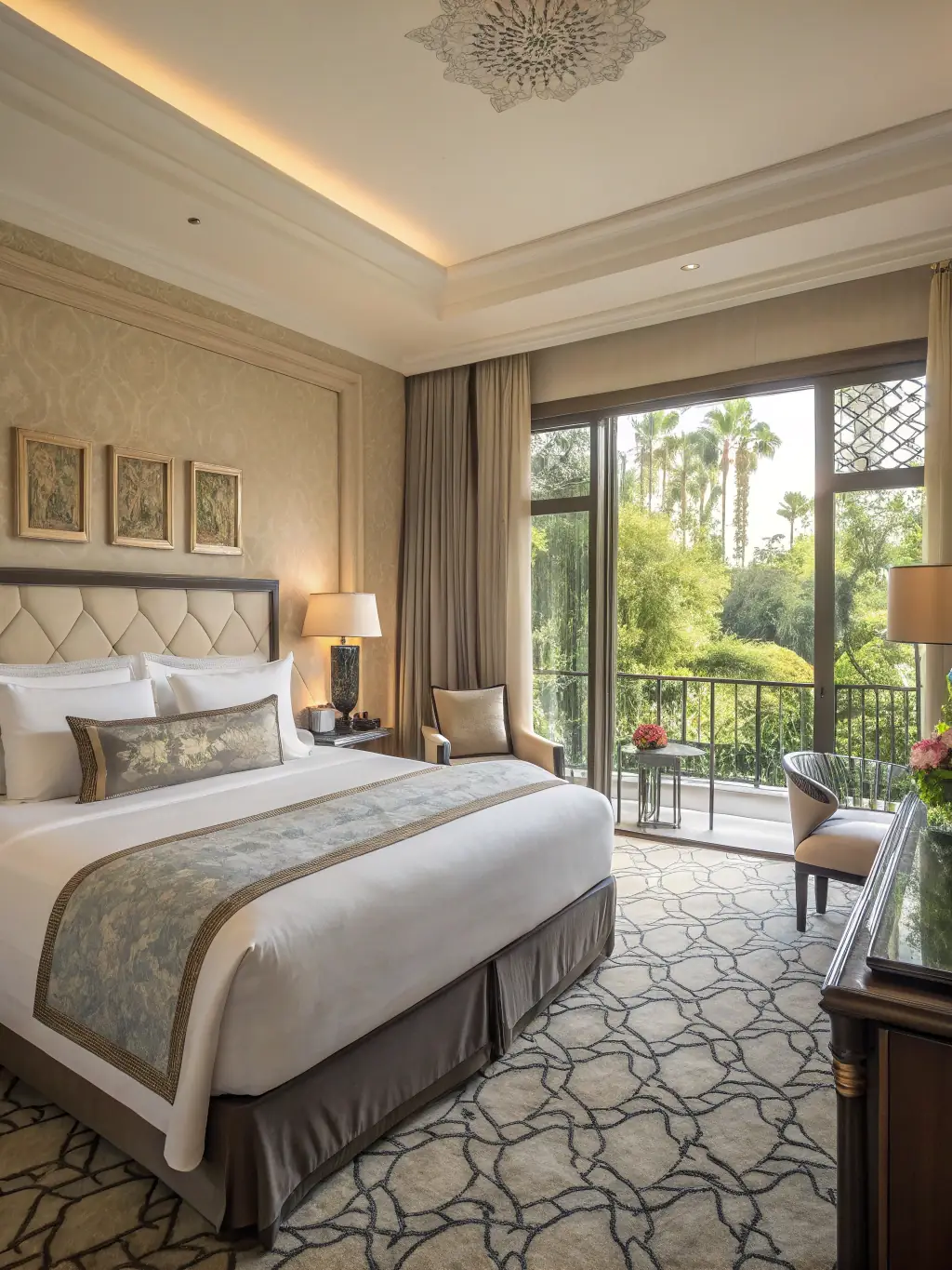 A crisp, white hotel bedsheet set with a high thread count, neatly arranged on a king-size bed in a modern hotel room with natural light streaming through the window.