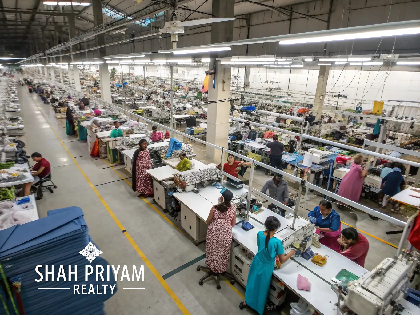 A bustling industrial area in India with a textile manufacturing plant.