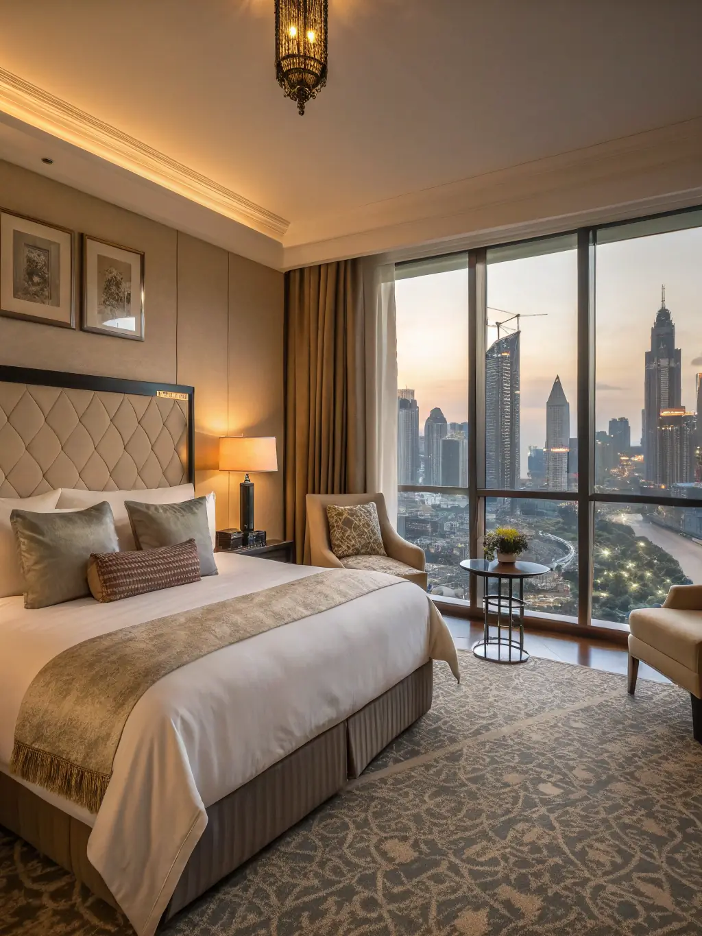 A perfectly made hotel bed with plump pillows, a soft duvet, and a decorative bedspread, set in a warmly lit, inviting hotel room.