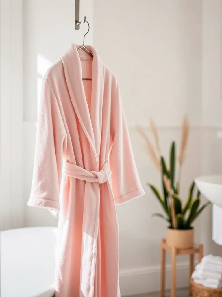 A fluffy, white hotel bathrobe hanging on a hook in a well-lit hotel bathroom, with a blurred background showing a glimpse of a modern shower.