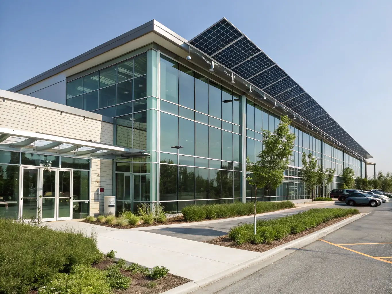 A landscape of Spain with a modern industrial building representing the operational center.