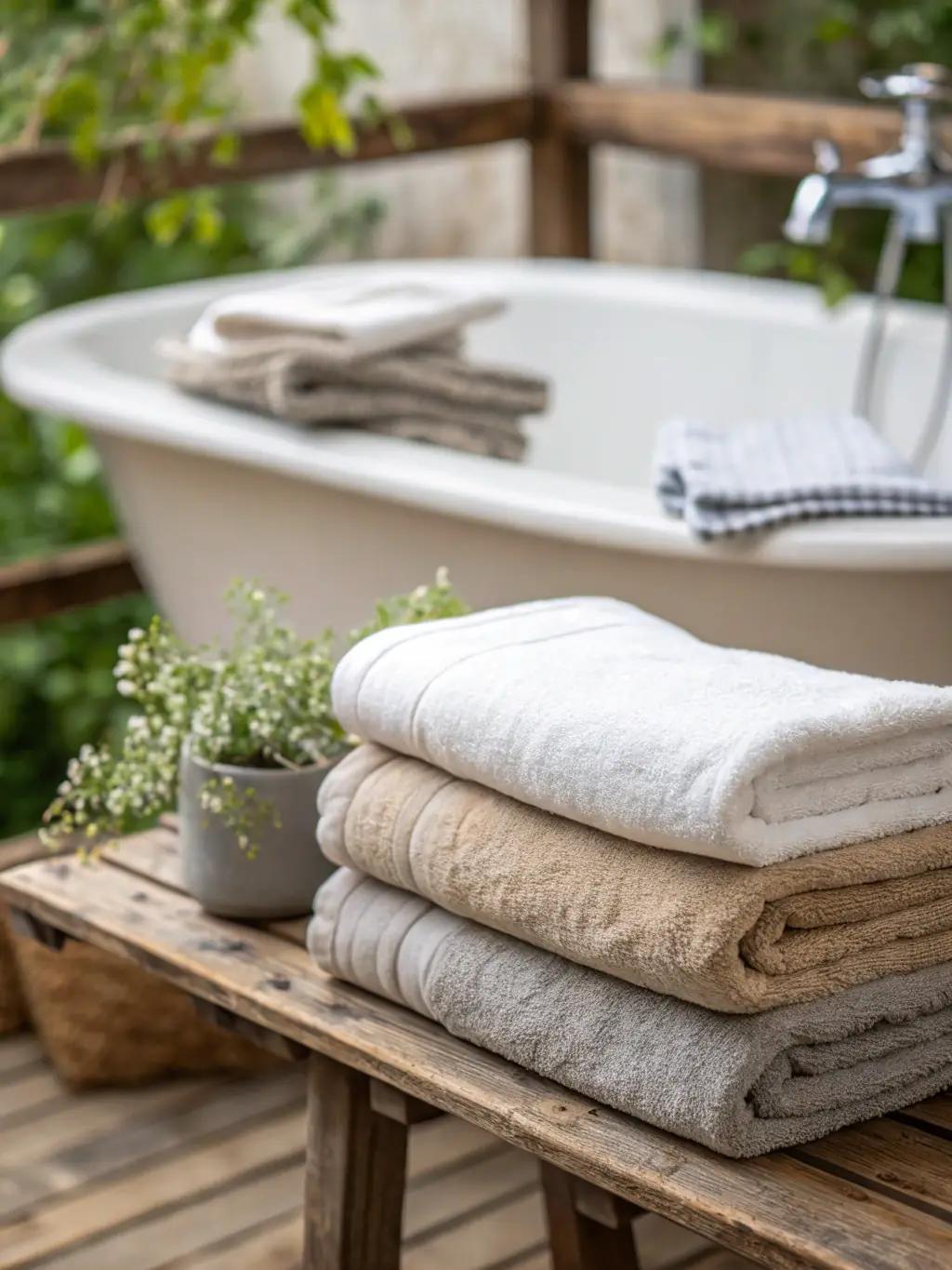 A neatly folded stack of plush, white hotel towels with a subtle embroidered logo, placed on a dark wooden shelf in a dimly lit, luxurious hotel bathroom setting.