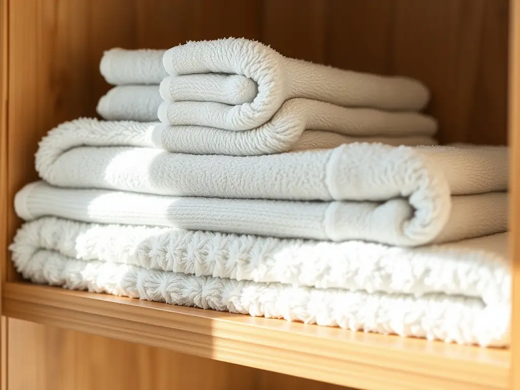 A neatly folded stack of plush, white hotel towels, showcasing their softness and quality. The background is a clean, modern bathroom setting.
