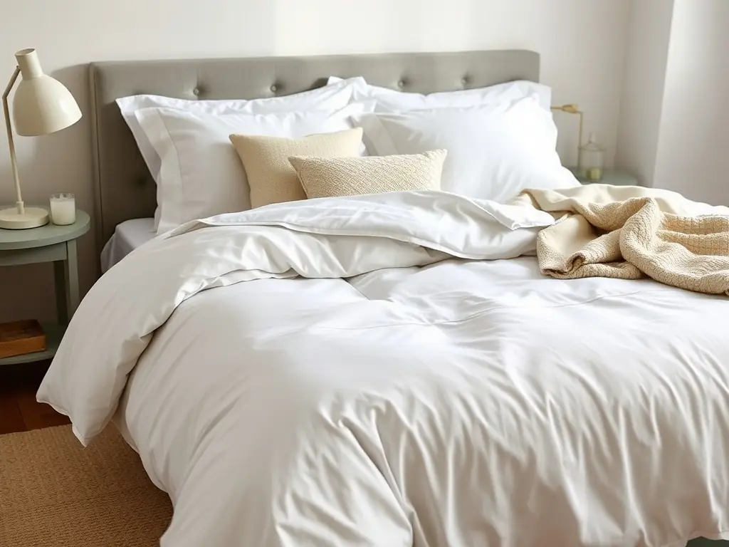 A crisp, white hotel bed with perfectly arranged sheets and pillows, highlighting the quality and comfort of the bedding.